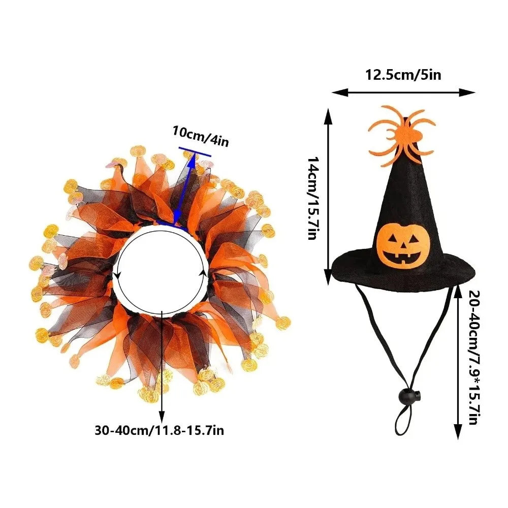 Kawaii Pumpkin & Spider Halloween Cat Costume – Adjustable Hat & Collar Set