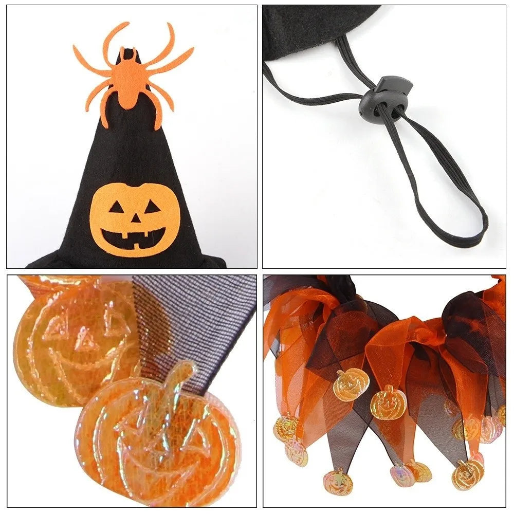 Kawaii Pumpkin & Spider Halloween Cat Costume – Adjustable Hat & Collar Set