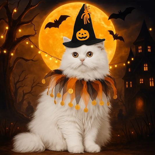 Kawaii Pumpkin & Spider Halloween Cat Costume – Adjustable Hat & Collar Set